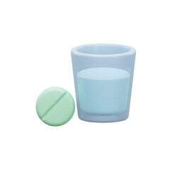 Minimalist composition featuring a light blue glass of water and a green effervescent tablet