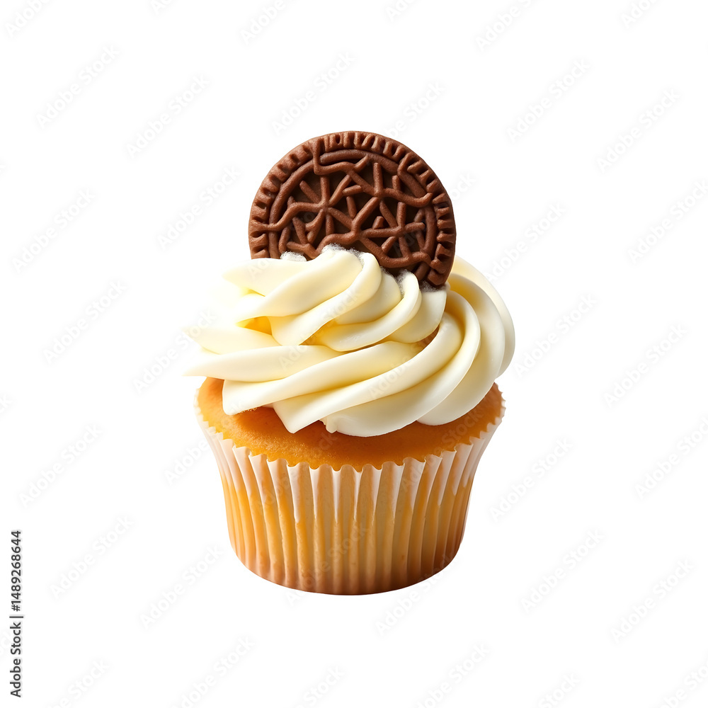 Poster exquisite cupcake with creamy frosting and a delightful cookie topping on a solid color offering an 