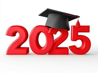 Red numbers forming 2025 with a black graduation cap on the number five symbolizing graduation and academic achievement for the year