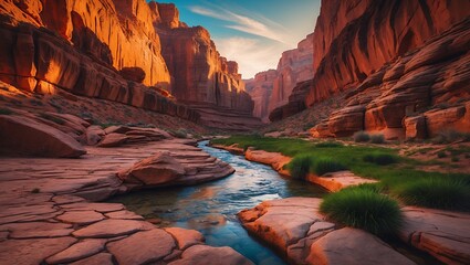 River Flowing Through a Desert Canyon with Lush Green Vegetation