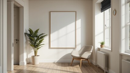 Modern Minimalist Interior Design with Natural Light and Blank Frame in Cozy Living Space