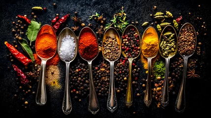 Crédence de cuisine Herbes An array of spices and seasonings in metal spoons  © Arif