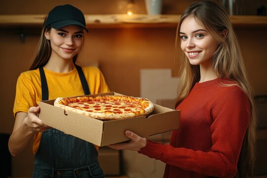 Smiling young woman receiving a hot pepperoni pizza from friendly delivery person in casual uniform indoors