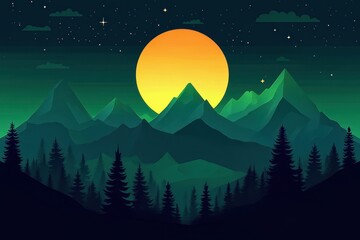 Fototapeta premium Silhouetted pine trees in front of layered mountain peaks under a starry night sky with a large glowing yellow moon