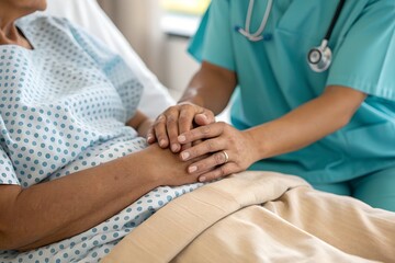 Obraz premium A female nurse caregiver holds hands to encourage and comfort an elderly woman. For care and trust in nursing homes for people of retirement age Caregiver helping elderly woman provides medical advice
