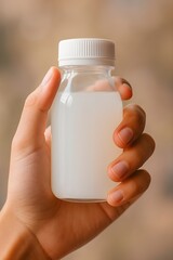 AI generates a realistic photo of a hand holding a small plastic bottle of salt with a white cap, against a warm beige blurred background. The image shows detailed skin texture.