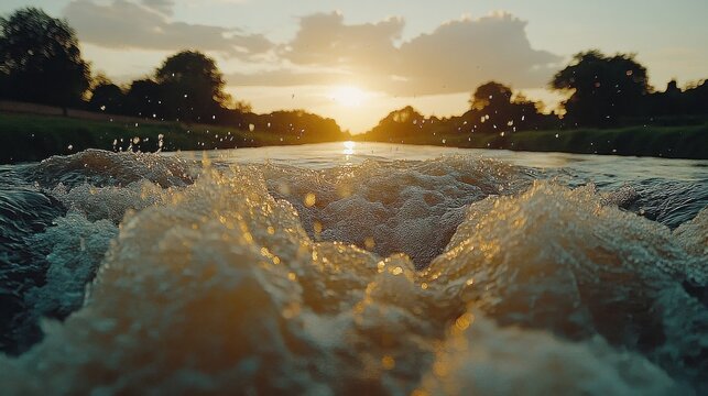 Golden Sunset Reflection on Rushing River Water with Sparkling Light
