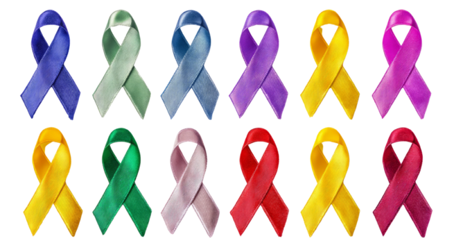 Twelve Colorful Awareness Ribbons isolated on transparent background
