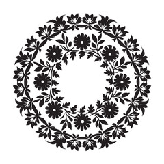 Floral Circle Ornament: A symmetrical black and white floral ornament, composed of intricate flower and leaf patterns arranged in a circular design.