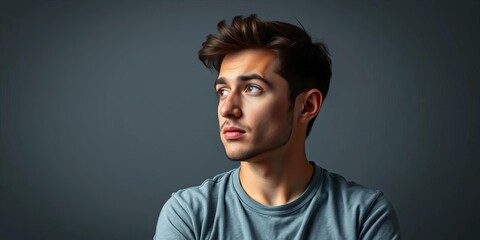 Naklejka premium Focused individual with slumped shoulders, contemplating a new idea; grey background, thoughtful, focus