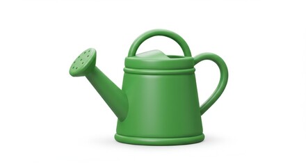Green plastic watering can on white background