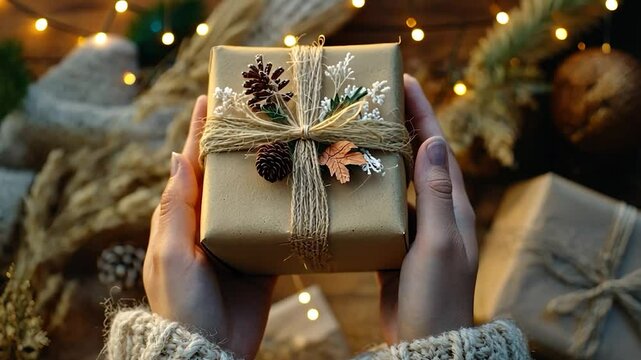 A pair of hands gently holds a rustic-style gift, adorned with natural elements and twine, set against a warm, festive background