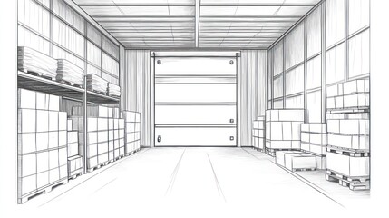 Fototapeta premium Warehouse interior, cargo storage, loading dock, boxes, pallets, industrial building, blueprint design, logistics
