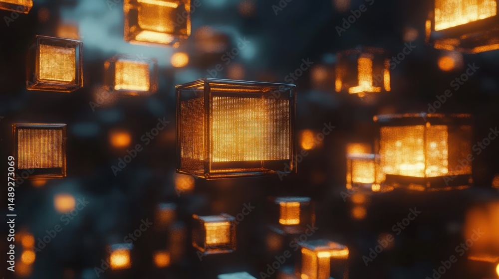 Poster glowing cubes float in dark space; abstract background; technology concept
