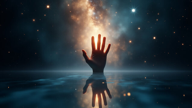 A hand reaching through a veil of stars, touching a mirror of light that reflects a parallel universe