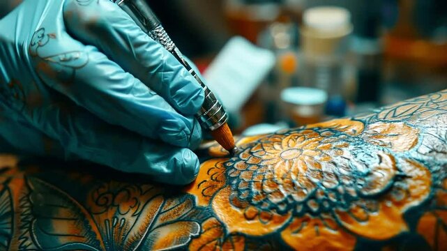 Tattoo artist applying floral design.