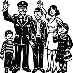 Happy Family Waving Goodbye to a Saluting Soldier Illustration