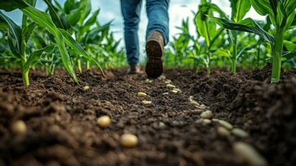 Unrecognizable field worker or agronomist checking health of corn crops in the field. 