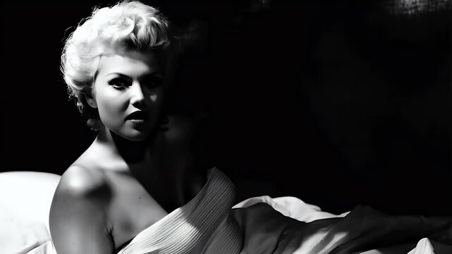 Vintage Hollywood starlet on bed in black and white