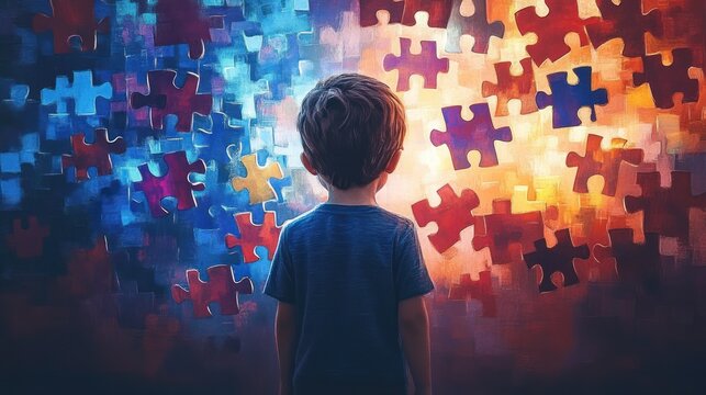 Young child standing and looking at a large wall of colorful floating puzzle pieces with a mix of warm and cool lighting, evoking curiosity and contemplation