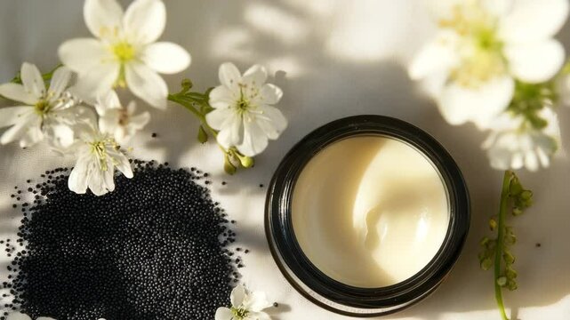 A jar of cream with black seeds on top of a white table. The jar is half full and the seeds are scattered around it. The jar is placed on a white table with a vase of flowers in the background