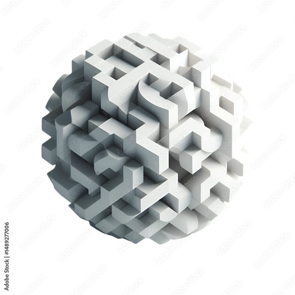 Poster geometric sphere comprised of interlocking white cubes with dynamic lighting against black void.