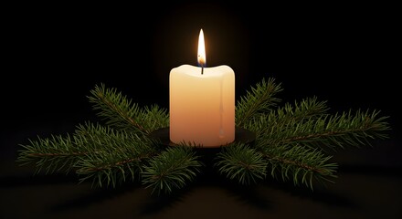 Candle with Fir Branch on Dark Background