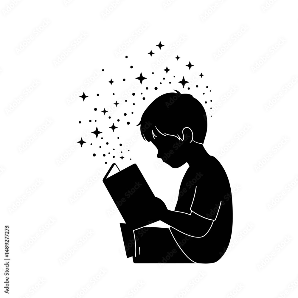 Aufkleber silhouette of a child reading a book with stars and dots emanating from the pages on white backgroun