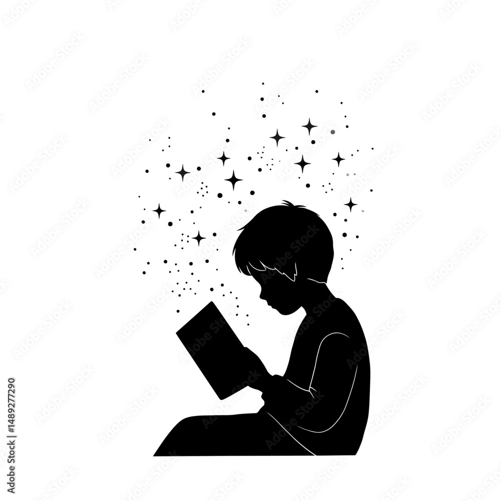 Poster silhouette of boy reading a book with stars and dots emanating from the pages on a white background