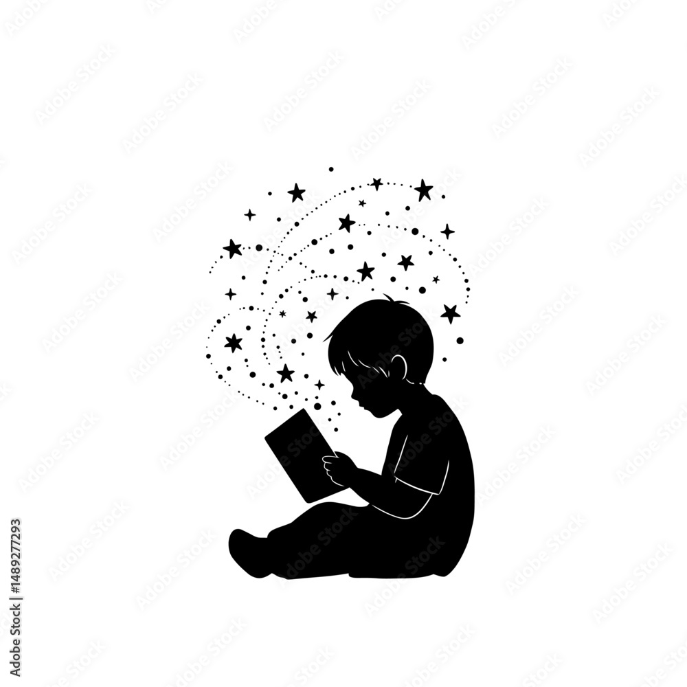 Poster silhouette of a boy reading a book with stars and dots emanating from the pages on white background