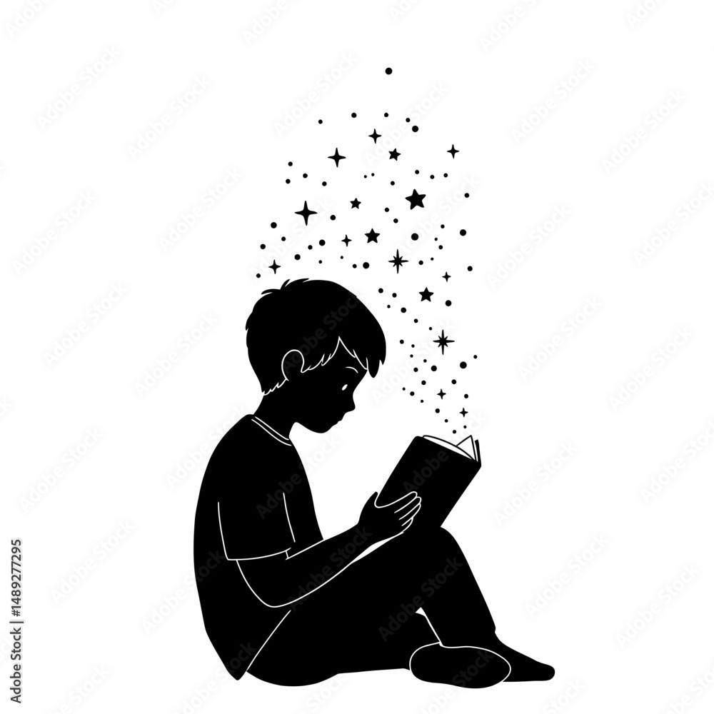 Poster silhouette of boy reading book with stars and dots emanating from it on a white background art