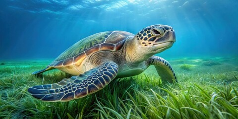 Majestic Sea Turtle Grazes on Lush Underwater Meadow, Sunlight Filtering Through the Ocean Depths
