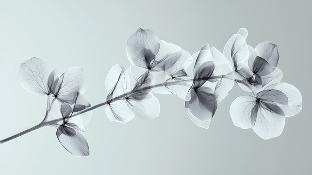 X-ray style grayscale image of delicate flower branch. [Spectral Bloom] | Echo Stalk | subtle stem. Illustration
