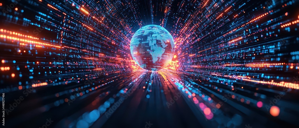 Poster a digital tunnel encases a glowing earth, symbolizing global interconnectedness and rapid data flow.