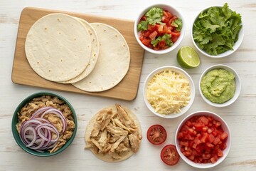 Flat lay of taco prep setup: soft tortillas, shredded chicken, chopped tomatoes, onions, lettuce, salsa, guacamole, and cheese, each ingredient in small bowls on a wooden kitchen counter.