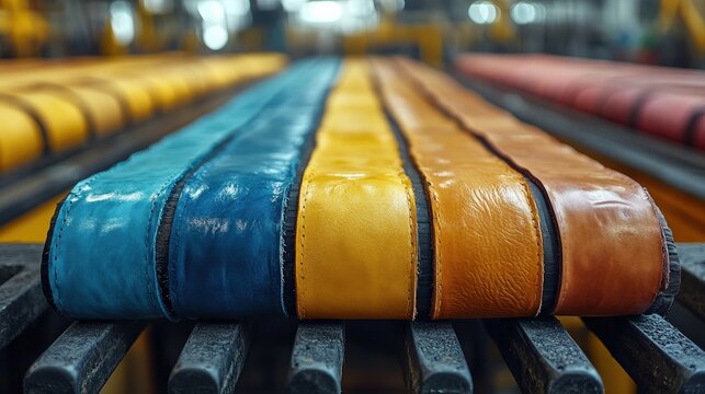 Colorful leather strips arranged in manufacturing process showcasing craftsmanship and vibrant hues