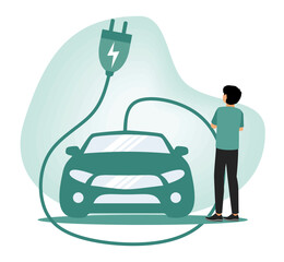 Green energy and electron transport. Man Observing Electric Car Charging at Station with Plug.