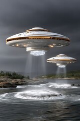 Obraz premium Futuristic UFOs Descending Over Rocky Seascape Under Dramatic Sky