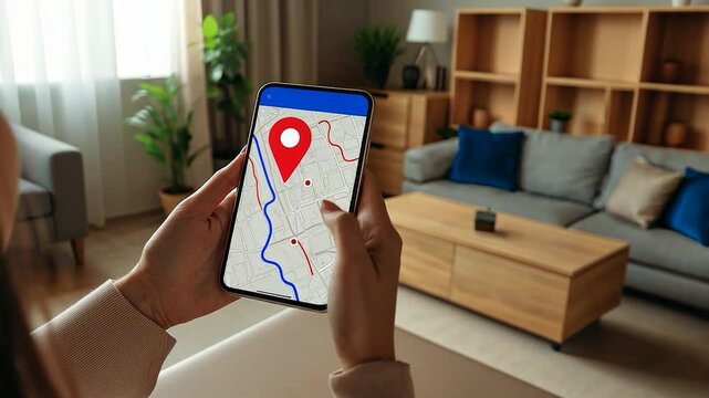 Person uses a smartphone displaying a map with location pin, relaxing at home