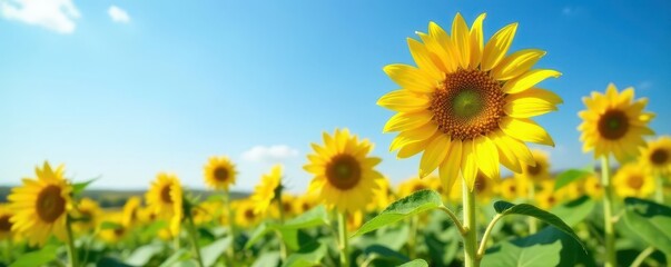 Tall sunflowers, bright yellow, swaying gently in breeze, blue sky , summer, warm, sky