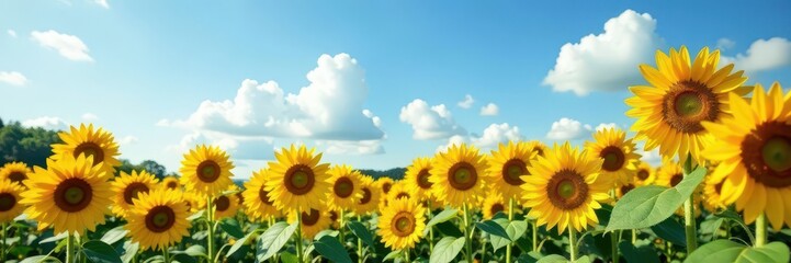 Fototapeta premium Towering sunflowers under a cloudless summer sky, flowering, perspective, vast