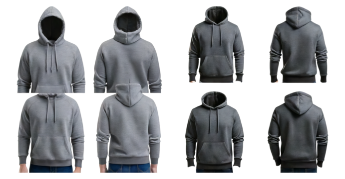 Gray Hooded Sweatshirt Mockup Collection in Various Angles, Isolated on Transparent, white background - Powered by Adobe