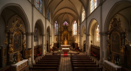 Fototapeta premium Church Interior View with Altar Pews and Stained Glass