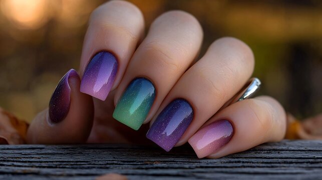 Close-up of hand with vibrant gradient nails.  Fall colors on wood