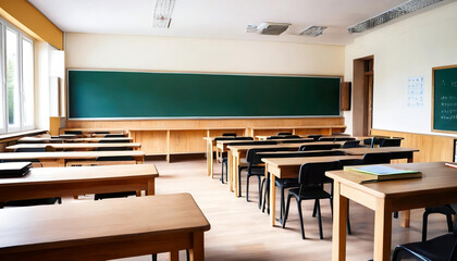 classroom with wooden interior, with modern theme, bright lighting, without any human being best quality