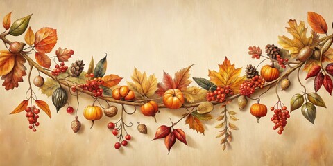Autumnal Branch with Berries, Pumpkins, and Colorful Leaves, a Festive Harvest Garland