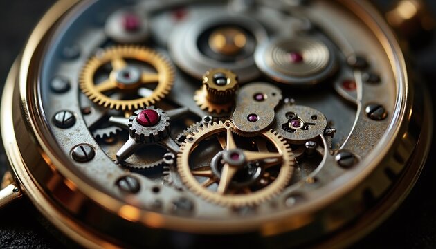 Intricate watch mechanism with gears and components. A detailed shot showcasing the craftsmanship of a mechanical watch