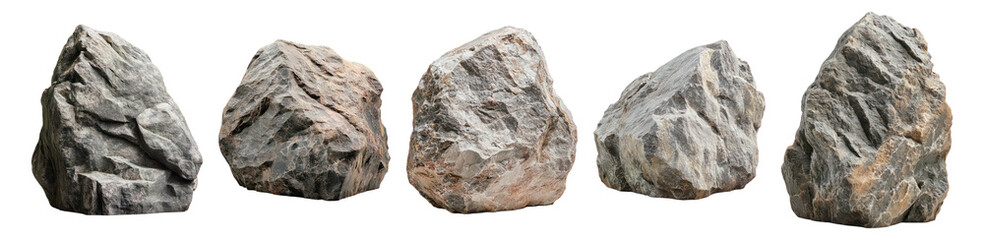 A Collection of Unique Textured Rocks for Natural Landscapes, Isolated on Transparent, white background