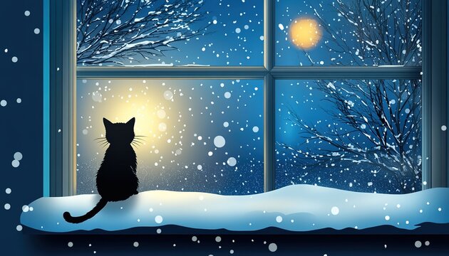 winter night scene cat in the window
