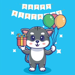 Illustration vector grapich of cute kitten holding a balloon and gift perfect for birthday card and invitation 